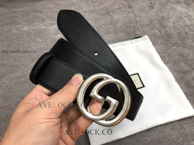 Gucci '70 Black Leather Belt Interlocking Grey G Buckle